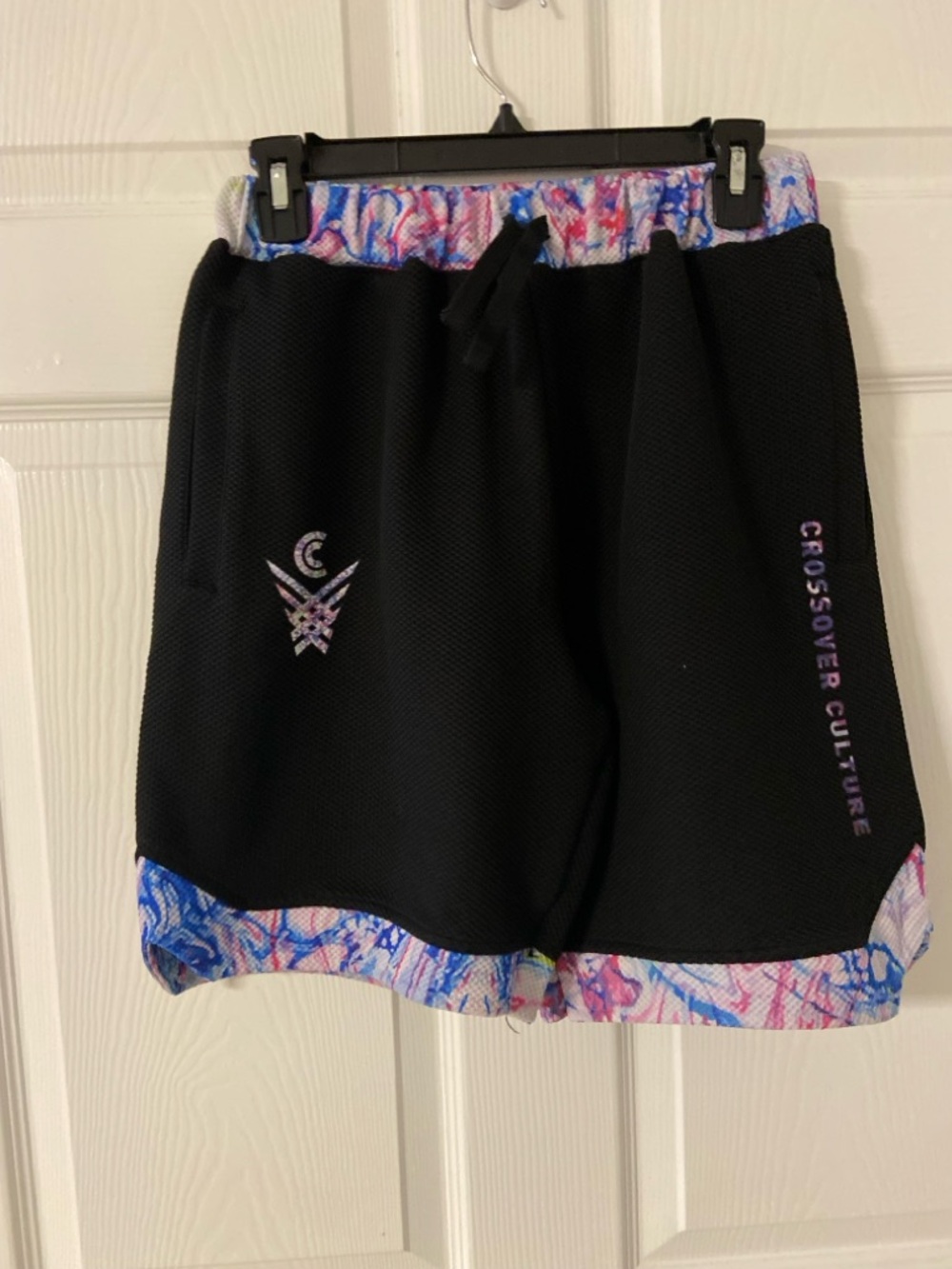 T38- CROSSOVER CULTURE Black Tie Dye Trim Waffle Knit Active Shorts